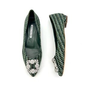 NIB Manolo Blahnik Hangisi Flat Wool Crystal Embellished Pointed Toe Shoes 37